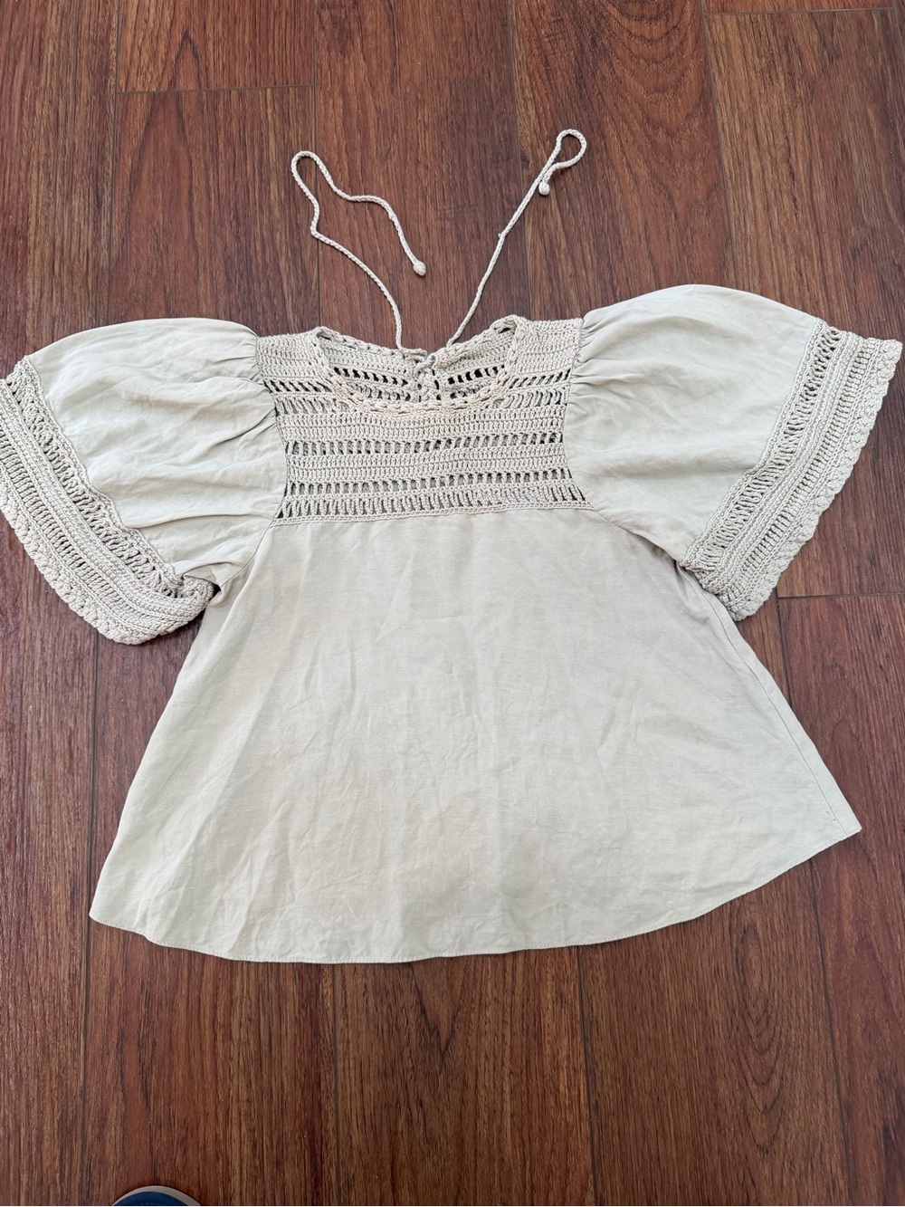 Jonathan Simkhai Cream Crochet Yoke Puff Sleeve Top